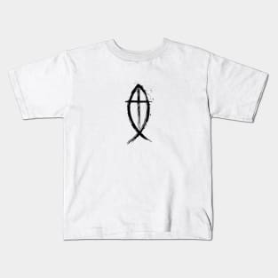 Cross And Fish Christian Design - Black Edition Kids T-Shirt